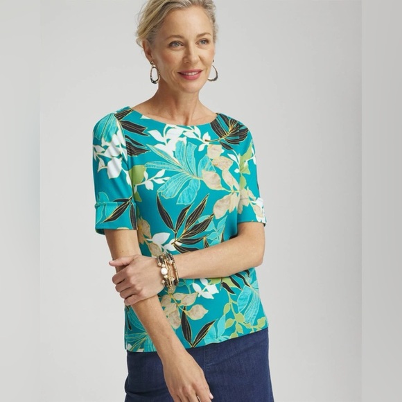 Chicos Tropical Bateau Pima Cotton Tee Shirt - Picture 1 of 13